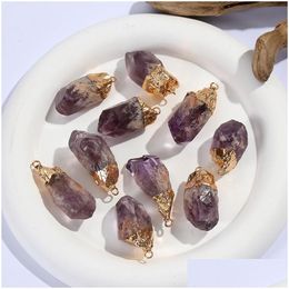 Charms Gold Plated Natural Druzy Amethyst Pendant Irregar Crystal Stone Pillar For Necklace Earrings Jewellery Making Accessory Drop Del Dh8Zc