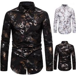 Men Dress Shirts Spring Nightclub Fashion Men Gilt Printed Stretch Long-sleeve Shirt1211h