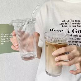 375Ml Simple Stripe Glass Cup with Lid and Straw Transparent Bubble Tea Cup Juice Glass Beer Can Milk Mocha Cups Breakfast Mug