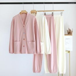 Women's Sleepwear Spring Autumn Women 2 Piece Brand Cotton Solid Home V Neck Buttons Long Sleeve Casual Cardigan