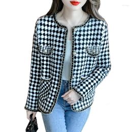 Women's Jackets 2023 Autumn Tweed Short Coat Women Black White Plaid Woolen Fashion O-neck Lace-edge Tops Female Slim Small Outerwear