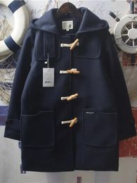 Women's Wool Blends Japan Soft Girl Harajuku Woollen Jacket Retro Letters Patch Large Pockets Cowl Buckle Hooded Cotton Tweed Coat Preppy Wear 231006