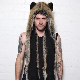BeanieSkull Caps MenWomen Faux Fur Hood Animal Hat Ear Flaps Gloves 3in1 Animal Fur Hat Wolf Plush Warm Imitation Fur Hats Cap with Scarf Gloves 231006