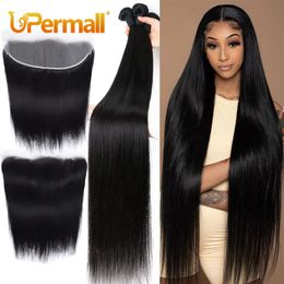 Synthetic Wigs Upermall 234 Remy Straight Human Hair Bundles With Frontal Brazilian Transparent Pre Plucked 13x4 Lace Closure and Bundle 10A 231006