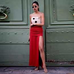 Skirts Red Fashion Week Long Skirt Sexy With Slit Women's Clothes Korean High-waisted Satin Gown