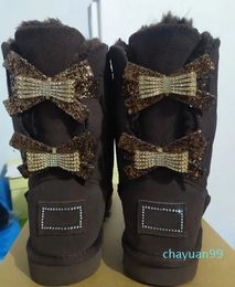 Women Single Double Diamond Snow Boots Female Winter leather bow rhinestone crown warm thick Cotton Shoes Boot