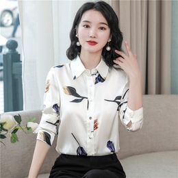 Classic Lapel Floral White Shirt Silk Satin Women Designer Long Sleeve Graphic Blouses 2023 Autumn Winter Printed Runway Button Up Shirts Office Ladies Elegant Top