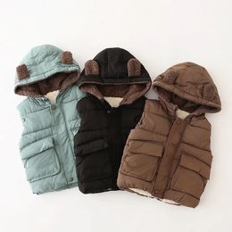 ウエストコートベビー服の男の子の女の子ソリッドフード付きベストコート12ヶ月から4年間の子供冬の子供暖かいジャケットベストクリスマスコスチューム231005