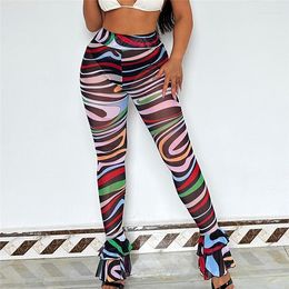 Women's Leggings Summer Women Clothing High Waist Colorful Stripes Ruffles Wide Leg Pants Vintage Skinny Bodycon Trousers Jogging Mesh