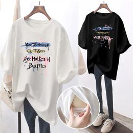 Maternity Tops Tees Summer Outdoor Women Cotton Side Opening T-shirt Breastfeeding Clothing Cartoon Printed Ladies Loose Mid-length T-shirt 231006