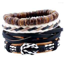 Charm Bracelets 4pcs/set Vintage Boho Black Leather White Cord Knots Coconut Beads Layers Stackable Wrap Bracelet Bangles Unisex Jewellery