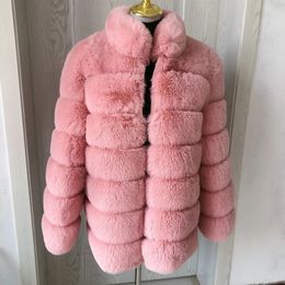 Women's Fur Faux Fur Women's Faux Fur Jacket Winter Warm Coat Plus Stand Collar Pink Faux Fur Ladies Coat 70cm Long Sleeve Fluffy Fur 231005
