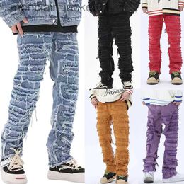 Men's Jeans 2023 European Hot Style Men's Stacked Jeans High Street Clothes Retro Patched Ripped Denim Straight Leg Newest Pants For Man J231006