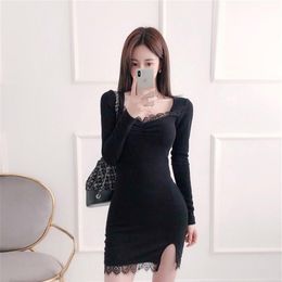 fall black Sexy Lace korean ladies Long SLeeve V neck Nightclub tight Dress for women china clothing 2106022813
