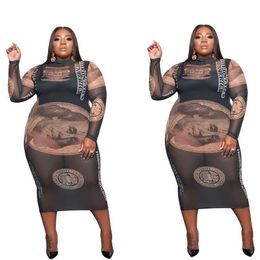 Plus Size Money Dollar Print Sexy Slim Fit Dresses Women Mock Neck Full Sleeve Bandage Dress Spring Mesh See Through Vestidos288d