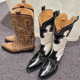 Boots IPPEUM Women Cowboy 2023 Trend Block Heel Pointy Toe Western Cowgirl Mid Calf Shoes