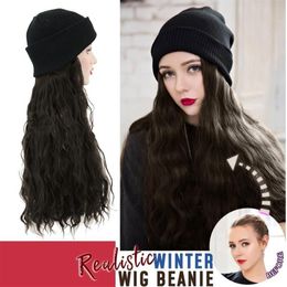 Wide Brim Hats Synthetic Long Curly Knit Skiing Winter With Hair Wig Beanie Attached Hat For Girl Hang Out Natural Cotton Made #12346y