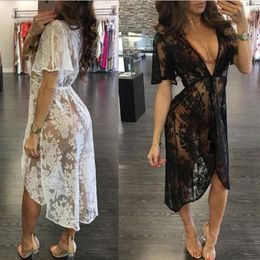 Summer Women Beach Wear Cover Up Long Dress Sexy Brazilian Cardigan Lace Hollow Bikini Blouse Swimwear Fashion Tunic Sarongs304j