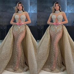 High Neck Elegant Mermaid Wedding Dress Sparking Sequined Saudi Arabic Sleeveless See Through Bridal Gown Custom Made