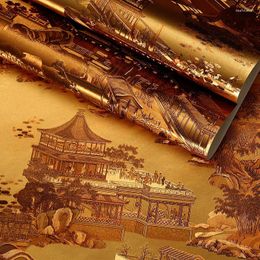 Wallpapers Golden 3D Qingming Riverside Wallpaper For TV Background Restaurant El Box Retro Chinese Gold Foil Home Decor