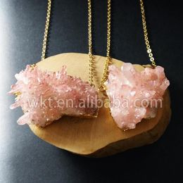 WT-N529 Whole necklace charming crystal natural raw quartz cluster pendant with gold chain pink necklace jewelry242c