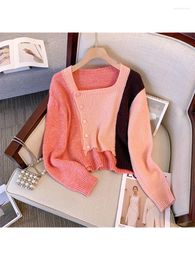 Women's Knits Women Patchwork Pink Cardigan Knitted Sweater Ladies 90s Fashion Long Sleeve Knit Korean Jumper Top Y2k Vintage Clothes