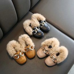 First Walkers Kids Fur Shoes Children Velvet Shoes Baby Girls Warm Flats Toddler Black Brand Shoes Princess Loafer Chain Moccasin For Winter Q231006