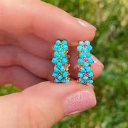 2021 Spring New Fashion Women Jewellery Gold Colour Prong Set Blue Turquoises Stone Flower Hoop Earring292M