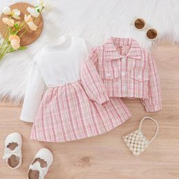 Clothing Sets Stylish Comfortable Plaid Dress Set for Baby Girls 0-24 Months Long Sleeve Cardigan Coat 230927