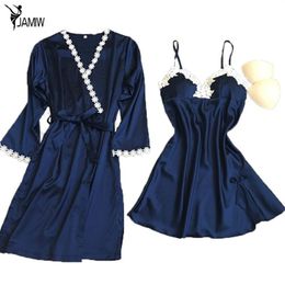 Women Robe Sets Sexy Silk Nightdress Faux Bathrobe Floral Lace Pyjamas Adjustable Strap Sleepwear Sleepwear Lingerie Set267z