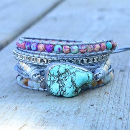 Newest Unique Mixed Natural Stones Turquoises Charm 5 Strands Wrap Bracelets Handmade Boho Bracelet Women Leather Bracelet J190625271H