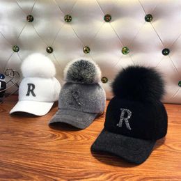 Hats for Women New Autumn and Winter Mohair Caps Water Drill Letter R Removable Real Fox Fur Ball Baseball Cap Solid Color Hats Q0248m