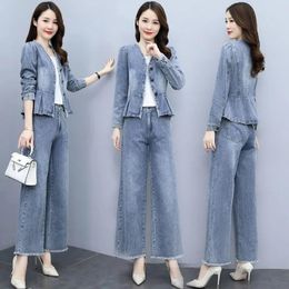 Women's Two Piece Pants Women Denim 2 Sets Outfit Spring Autumn Casual Long Sleeve Jean Jacket Elastic Waist Wide Leg Jeans Suit 4XL