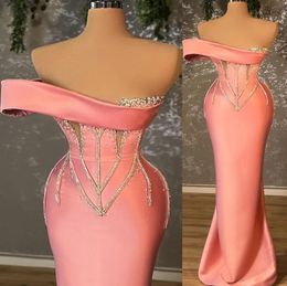 Evening Dresses Pink Prom Party Gown Crystal Formal Plus Size Mermaid Zipper Lace Up New Custom Satin Sleeveless Beaded Strapless