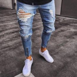 Men's Jeans Slim Fit Ripped Men Streetwear Distressed Cool Denim Joggers Knee Holes Washed Destroyed Pants With Zipper218W