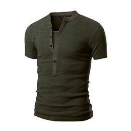 Men'S Shirt V Neck Button Muscle Casual Slim Fit Short Sleeve Solid T-Shirt Army Green Black Tops Tshirts279h