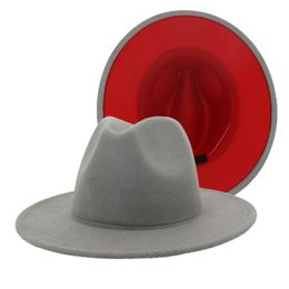 2020 Fashion Grey Red Patchwork Felt Hat Women Men Wide Brim Imitation Wool Jazz Fedora Hats Panama Trilby Cap Trend Gambler Hat303i