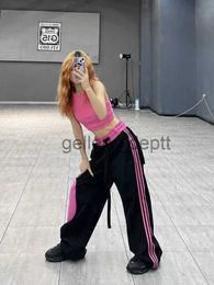 Women's Pants Capris HOUZHOU Y2K Kpop Pink Patchwork Sweatpants Women Hippie Streetwear Oversized Baggy Wide Cargo Pants Harajuku Striped Trousers J231006