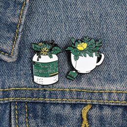 Women Green Plant Potted Collar Brooches Coffee Tea Bag Yellow Flower Cowboy Pins Unisex Clothes Anti Light Buckle Backpack Badge 2973