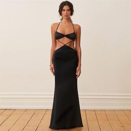 Casual Dresses 2023 Summer Women's Fashion Hanging Neck Sexy Hollow Open Back Button Wrap Hip Dress