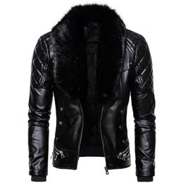 Men s Leather Faux Design Motorcycle Bomber Add Wool Jacket Men Autumn Turn Down Fur Collar Removable Slim Fit Male Warm Pu Coats 231005