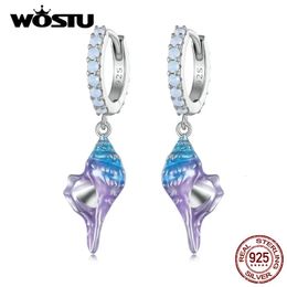 Hoop Huggie WOSTU 925 Sterling Silver Dreamy Blue Conch Drop Danlge Earrings Sea Shell Fire Opal Ear Buckles Clip Ocean Series Gift 231005