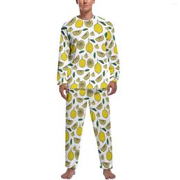 Men's Sleepwear Lemon Pyjamas Autumn Food Fruit Leaf Bedroom Nightwear Men 2 Piece Printed Long-Sleeve Soft Set