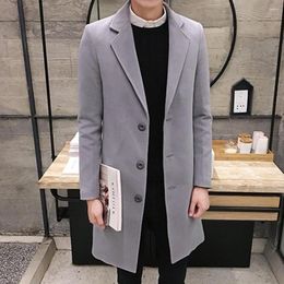 Men's Trench Coats Autumn Winter Men Coat Solid Color Long Sleeve Single Breasted Jacket Pockets Stylish Turndown Collar