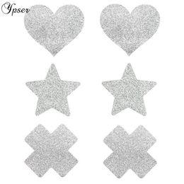 Ypser 3 Pairs Mixed Silver Nipple Cover Breast Petals Milk Paste Disposable Adhesive Stain Fashion Pasties Heart Star Cross292u