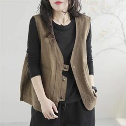 Women's Vests Spring Autumn Retro Work Attire Vest Loose And V-Neck Camisole Short Jacket Cotton Female Sleeveless Outwear Tops