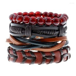 Charm Bracelets 4pcs/set Hippie Punk Black Leather Wax Cord Knots Red Onyx Beads Layers Stackable Wrap Bracelet Bangles Unisex Jewellery