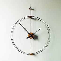 Diameter 60CM Single pole double lap Nordic modern simple creative Spanish wall clock Black walnut large hand clock