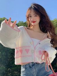 Women's Knits Tees Korean Fashion Sweet Knitted Cardigan Women White Heart Button Jacquard V-neck Sweater Coat Ladies Cute Crop Tops Autumn Clothes 231006