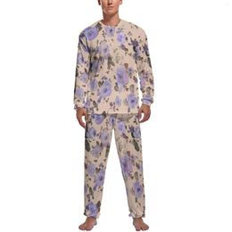 Men's Sleepwear Purple Floral Pajamas Long Sleeve Flowers Print Two Piece Night Pajama Sets Daily Mens Design Soft